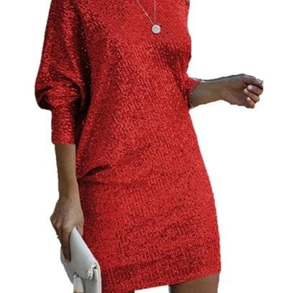 UOOZEE Asymmetrical Neck Off Shoulder Batwing Sleeve Sequin Mini Dress